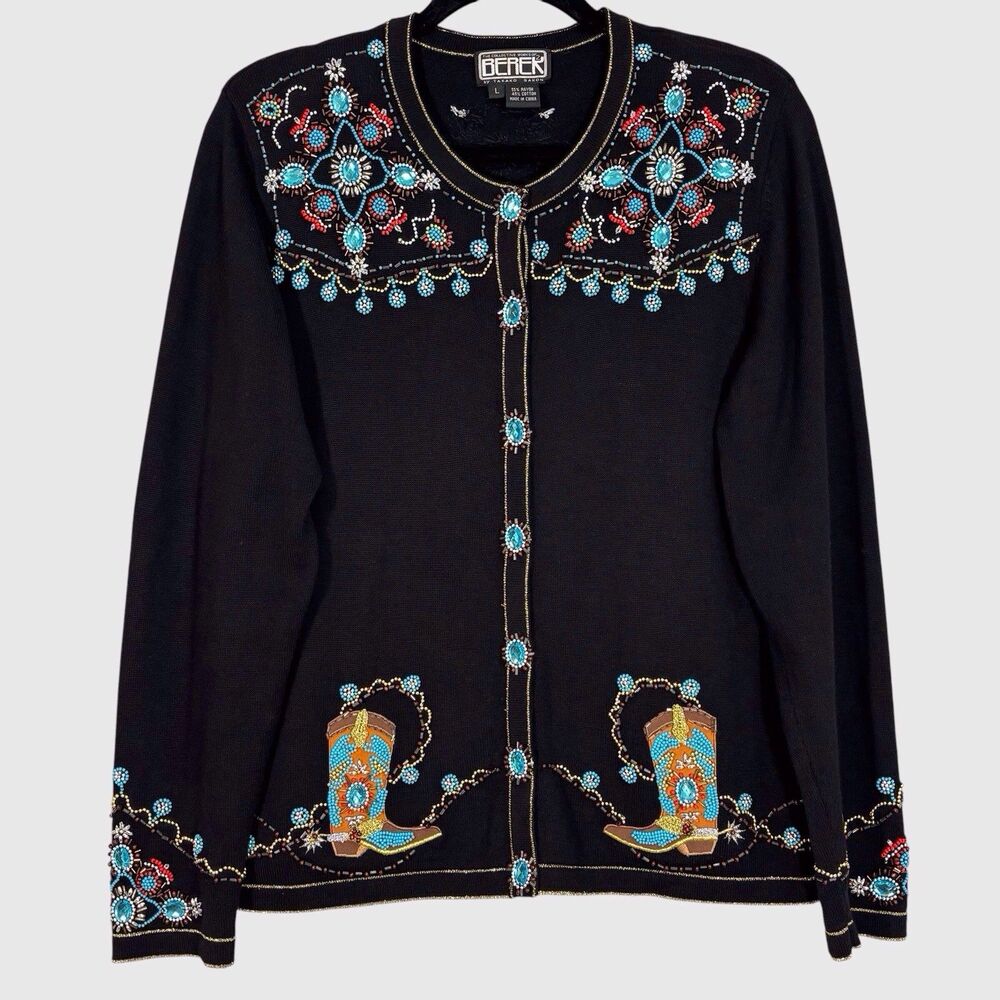 Berek 2 Women's Western Beaded Cardigan Sweater Large Black Southwest Turquoise